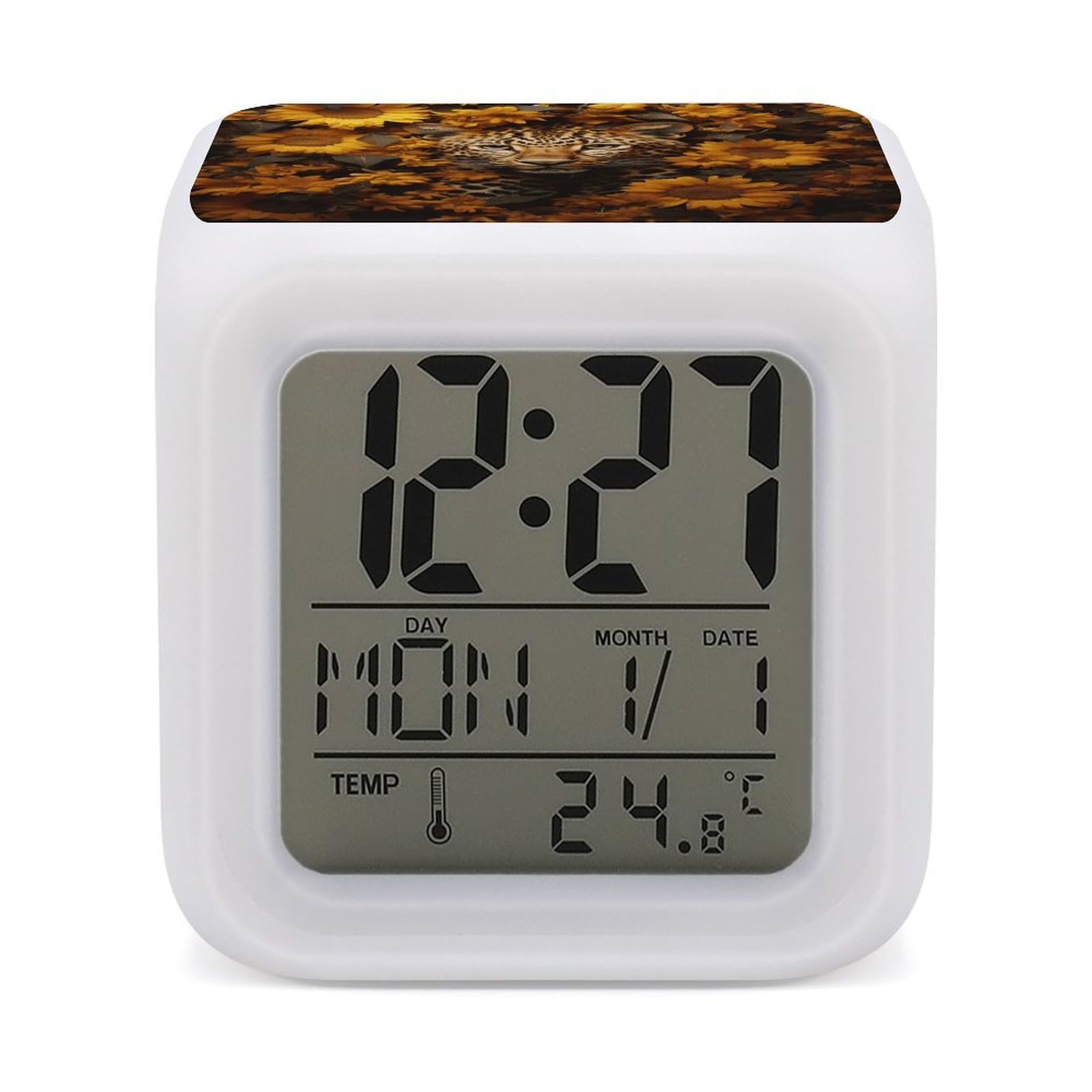 JTREHY 7 Color Changing LED Digital Alarm Clock,Leopard and Sunflower Printed Wake-up Clock with Temperature Display Home Decoration Alarm Clock for Bedroom Office