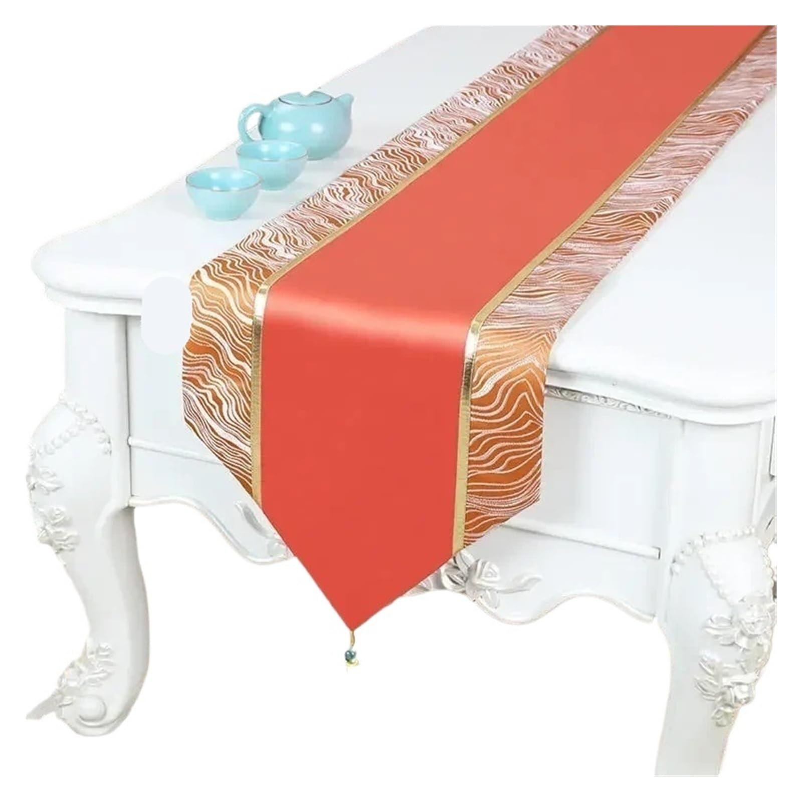 Satin Table Runners Golden Wave Pattern Table Flag European Satin Tassel Coffee Long Towel Cabinet Wedding Celebration Decorative Tablecloth(Color6,33x180cm 1pcs)