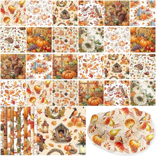 Tenceur 48 Pack 12 Styles Vintage Fall Decoupage Napkins Autumn Harvest Pumpkin Highland Cow Decorative Cocktail Napkin Rustic Tissue Paper for Crafts Thanksgiving DIY Art Project Home Decor 13 inch