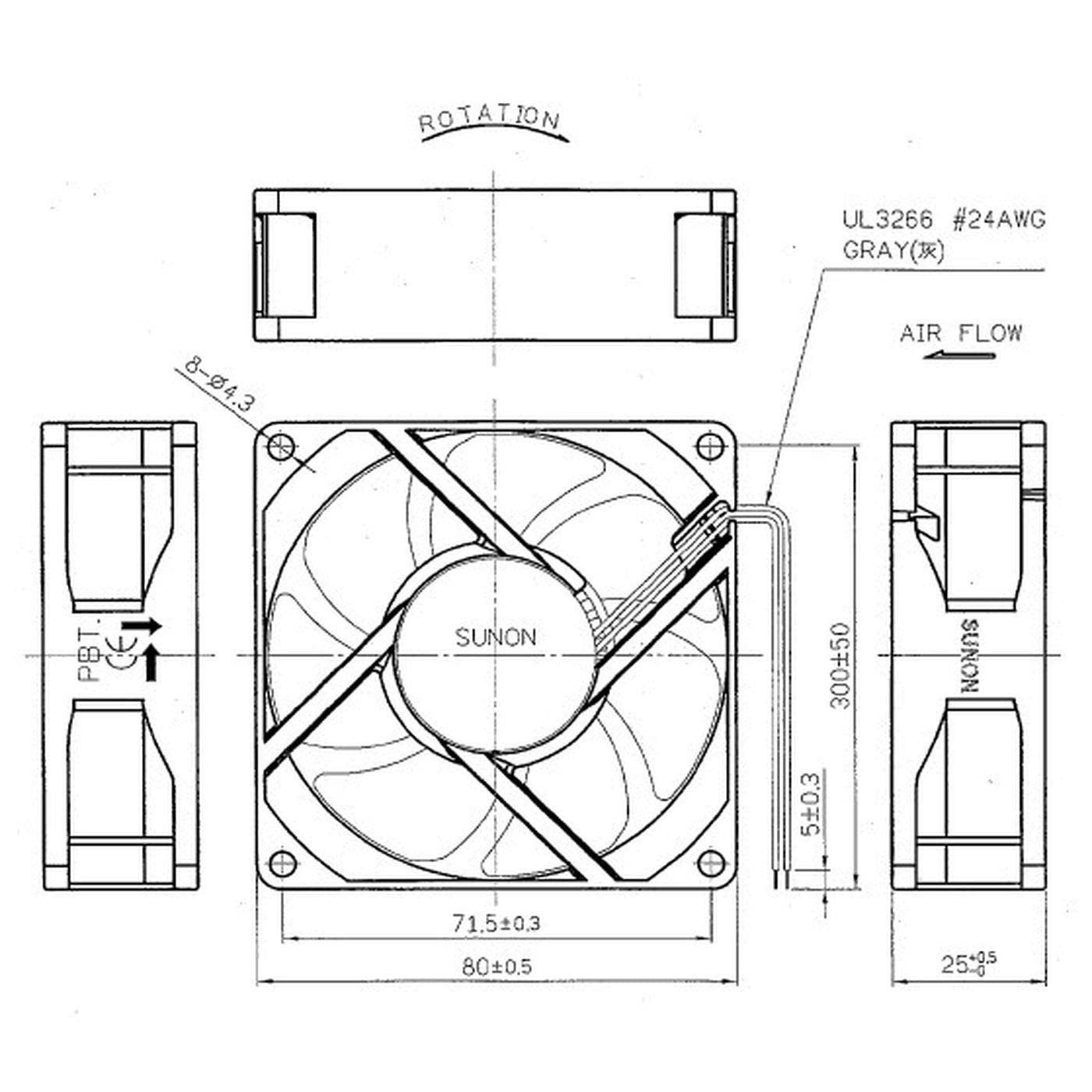 Ventilatore 230 V AC 4,6 W 80 x 80 x 25 mm 67,9 m³/h 3200 U/min 67,9 m³/h Sunon MA2082HVL