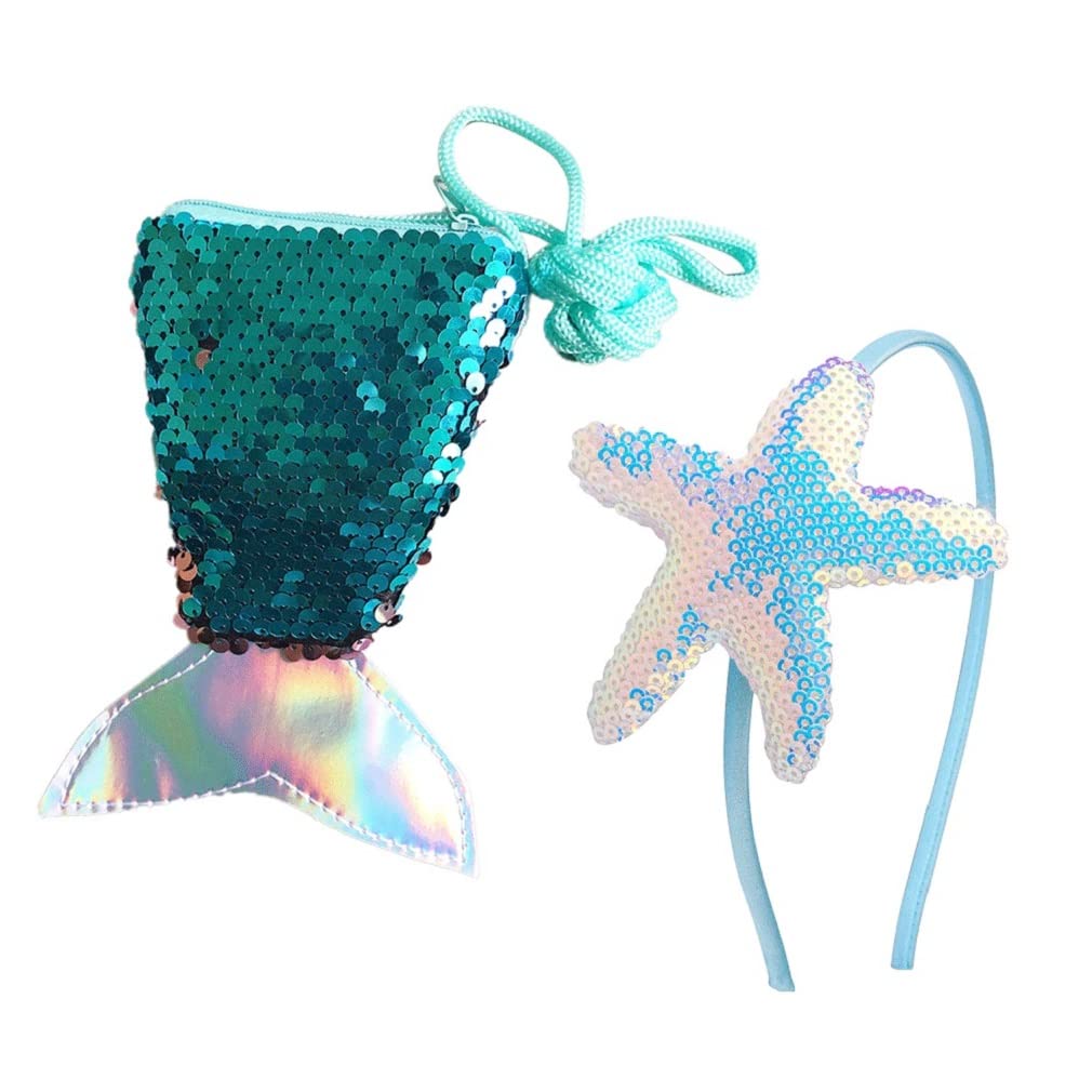 Sequin Mermaid Crossbody Purse and Starfish Headbands (Blue)