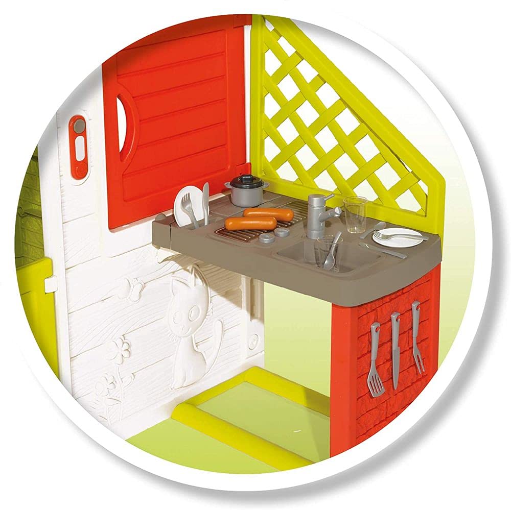 Smoby- Casita Infantil Neo Friends House Con Cocina, 1,72m de Alto, 2 Puertas de Entrada, Timbre Electrónico, Mesita Exterior, Posibilidad de Añadir Múltiples Accesorios, Para Niños a Partir de 3 Años
