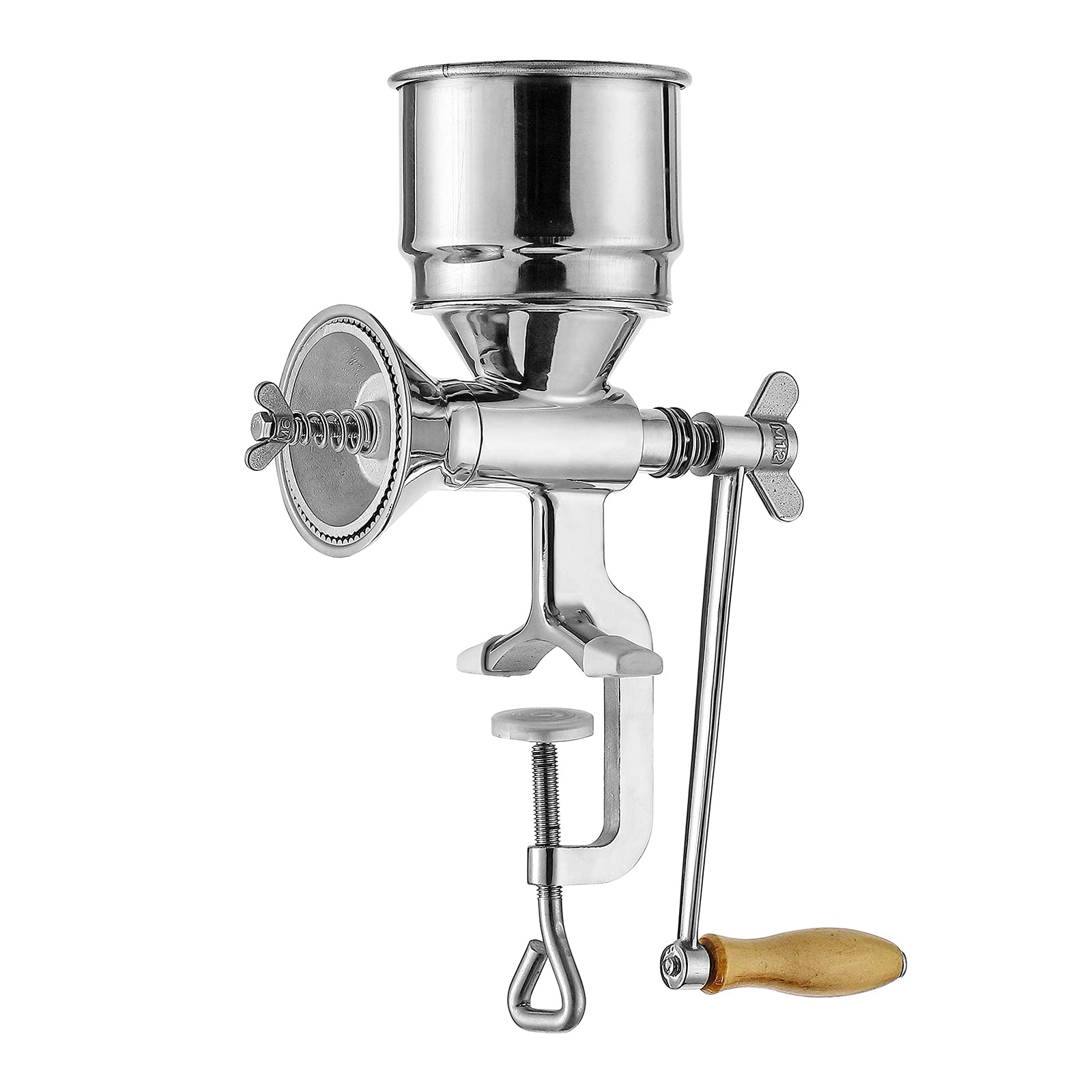 Moongiantgo Molinillo de Cereales Manual de Acero Inoxidable | Diseño de Manivela & Abrazadera de Mesa, φ105mm Tolva Grande, Finura de Molienda Ajustable, para Nuez Café Semilla Cereales