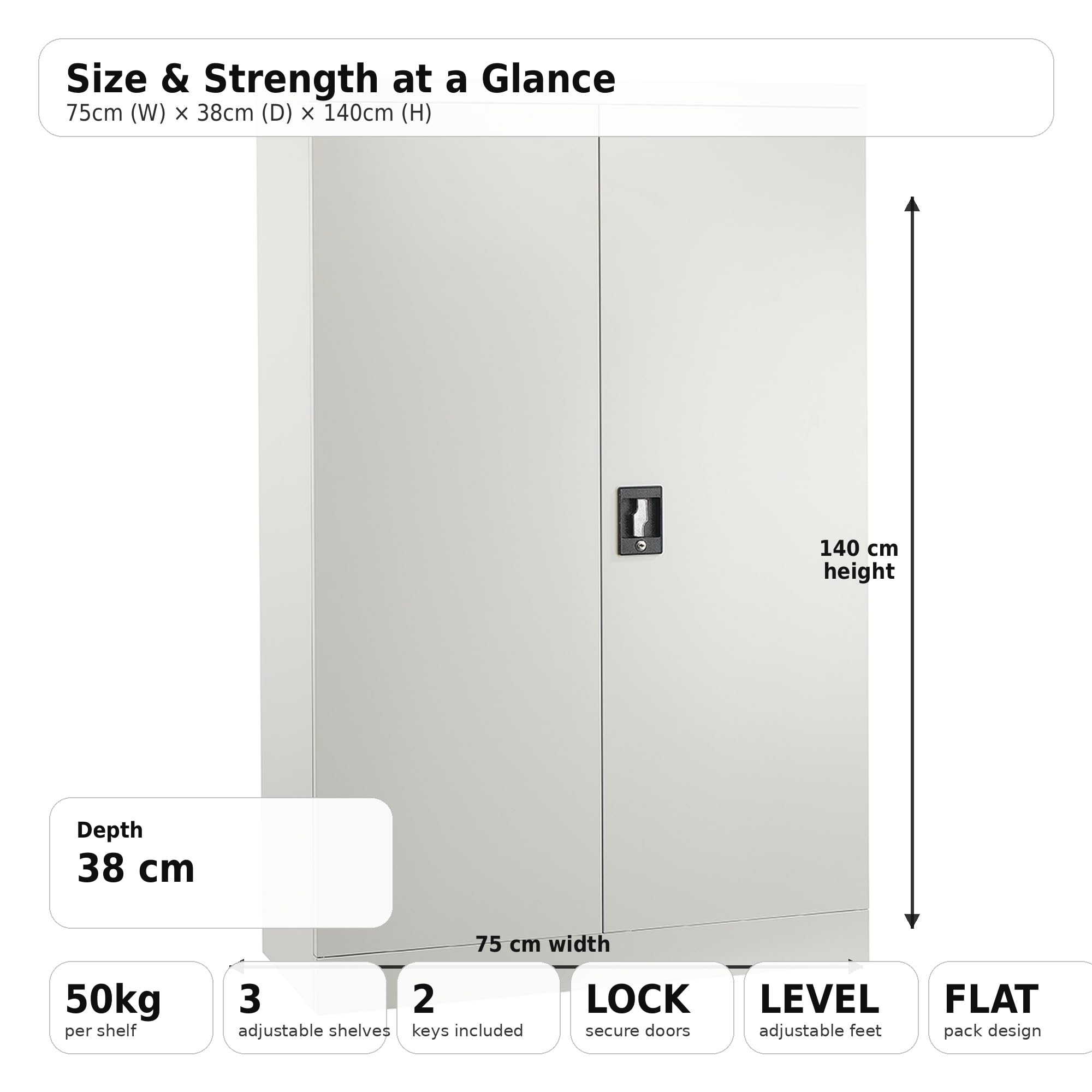 MMT Furniture - Armario de Almacenamiento de Acero Gris, archivador de 2 Puertas con Cerradura para el hogar, Oficina, Documentos, archivadores, despensa, 3 estantes, 75 x 40 x 140 cm