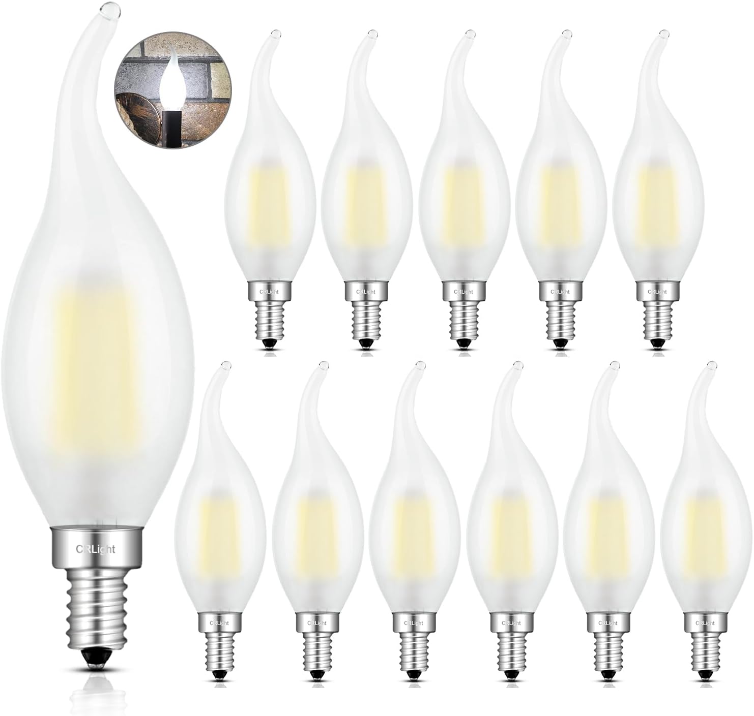 CRLight 2W 4000K LED Candelabra Bulb Neutral White Glow 12 Pack, 25W Equivalent 250LM, E12 Chandelier Dimmable LED Light Bulbs, Antique Edison C35 Frosted Glass Candle Flame Tip