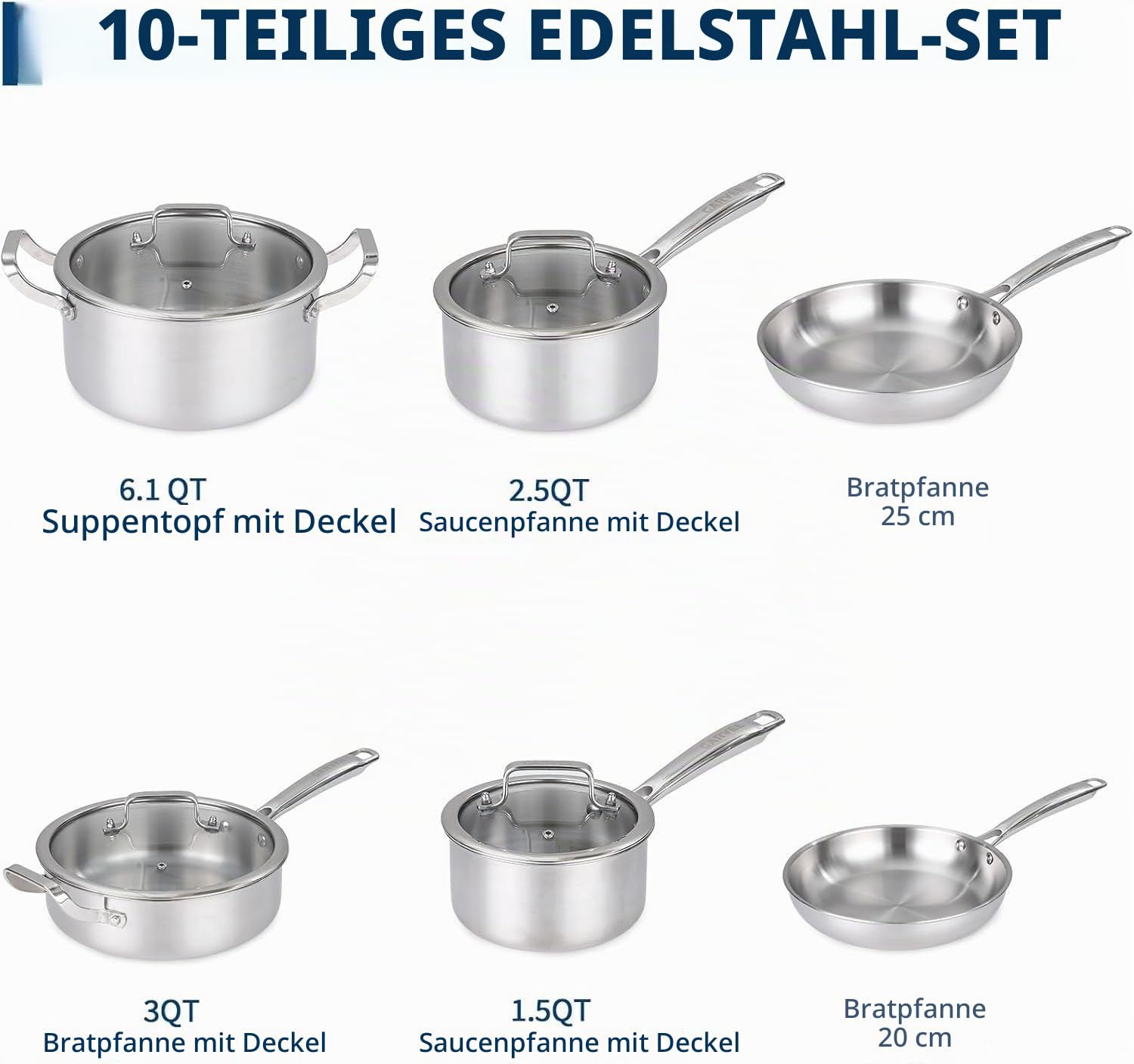 Garvee Tri-Ply Edelstahl Topfset 10-teilig, Induktions Kochgeschirr Set | mit Gleichmäßiger Wärmeverteilung, Kochtopfset PFOA-Frei und Ofenfest, für Alle Herdarten