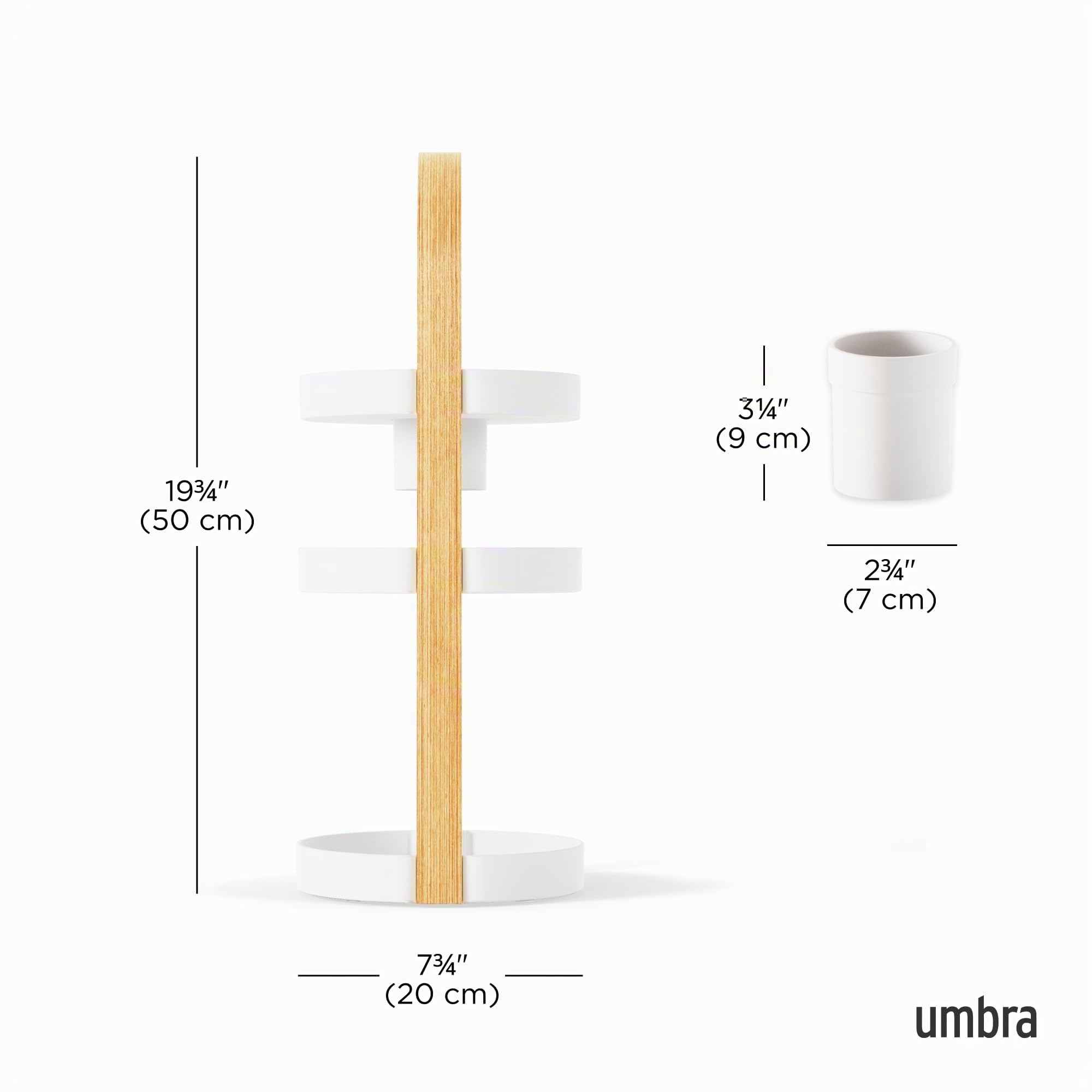 Umbra Bellwood Kosmetik Organizer, Drehbar mit Holzgriff, Weiss/Natur | Drei geräumige Ebenen, herausnehmbarer Behälter für Pinsel, integrierter Tragegriff, passt auf jeden Waschtisch
