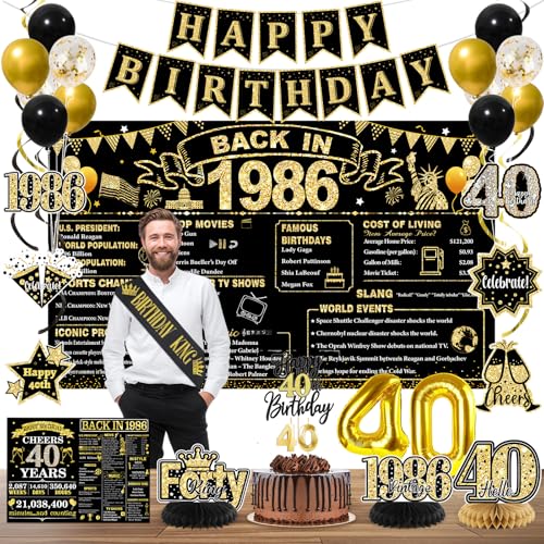 40th Birthday Decorations for Men Black Gold Back In 1986 Party Supplies Set with Sash Banner Backdrop Balloons & Cake Topper for 40 Year Old Birthday Decorations