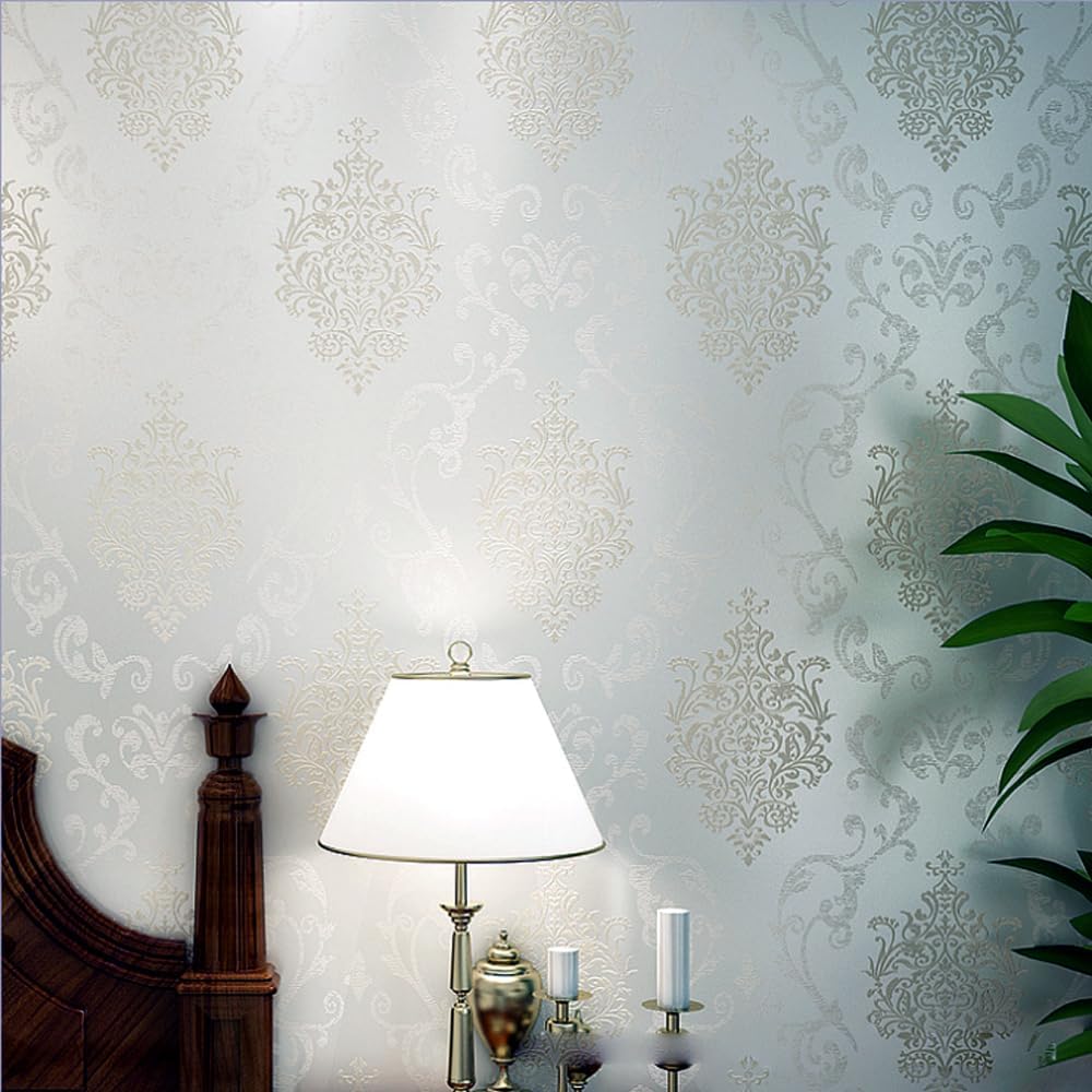 Q QIHANG European Style 3D Damask Pearl Powder Non-Woven Wallpaper Roll Cream Color 0.53m x 10m=5.3㎡