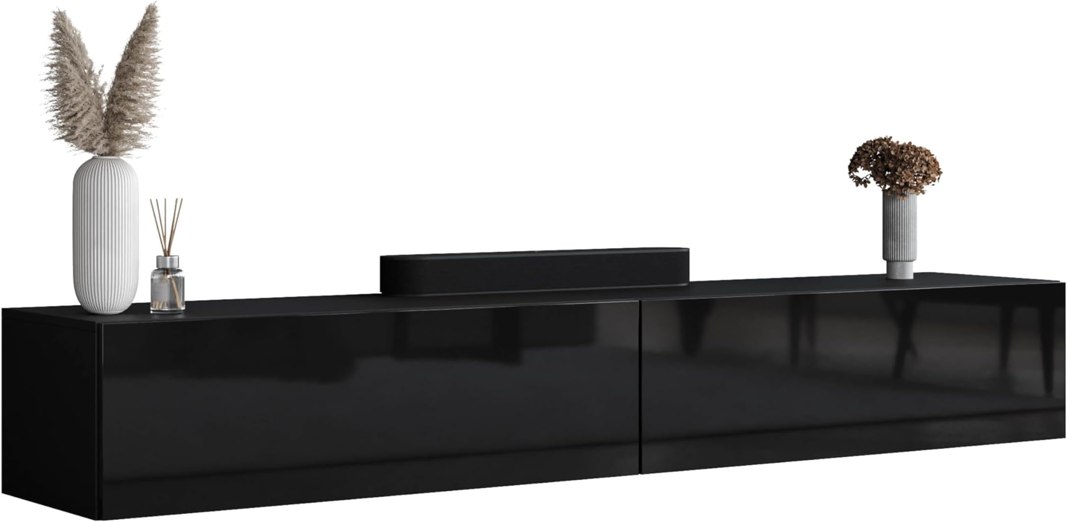 TV-meubel - 135 cm - zwart - lamellenfronten en gouden poten - met LED - Selsey Bello