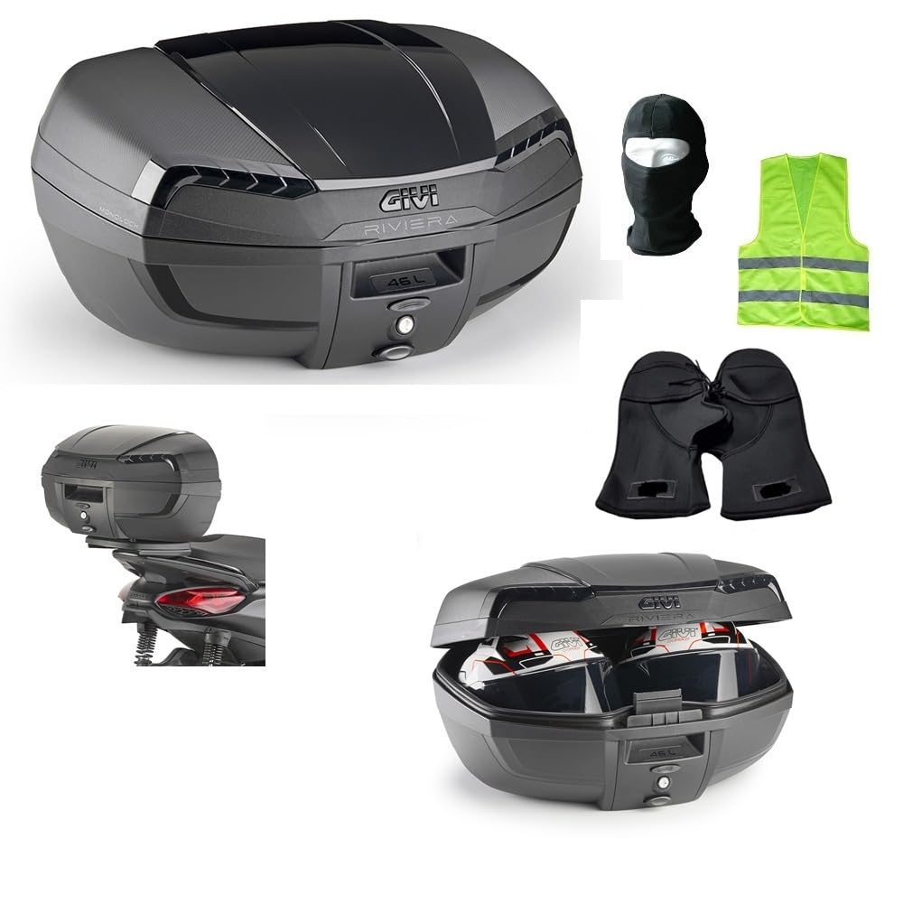 COMPATIBILE CON SYM SYMPLY 125 2T BAULETTO E46 RIVIERA BLACK EDITION MONOLOCK 46 LT VALIGIA BAULE PER MOTO SCOOTER CON PIASTRA PER AGGANCIO PORTAPACCHI POSTERIORE
