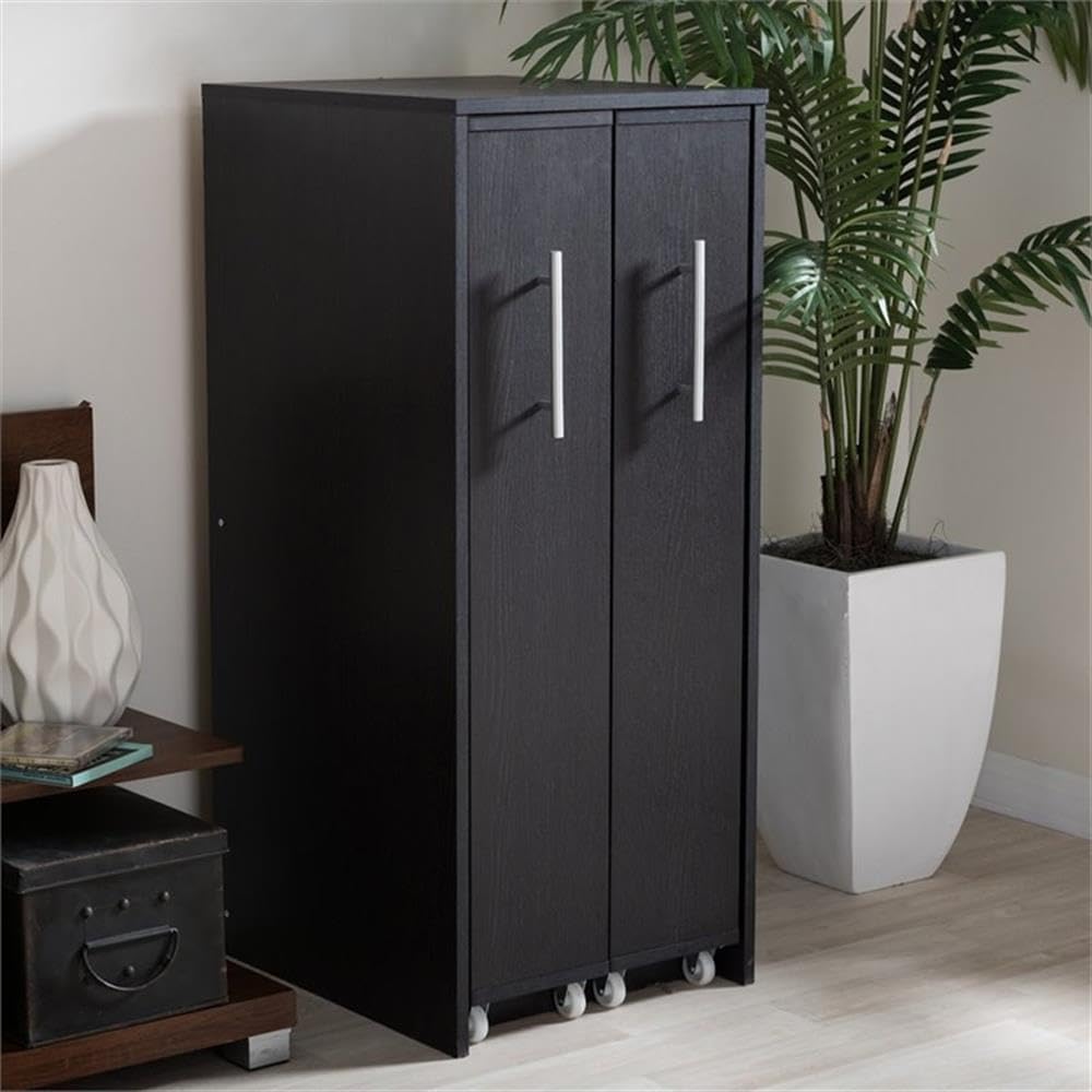 Dark Brown Wood Bookcase with Pull-Out Doors and Shelves