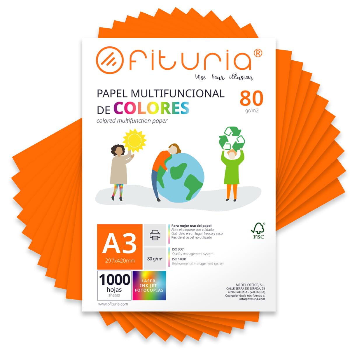 Coloured Sheets, Pack 1000 Sheets A3 80 g – Coloured Paper for Crafts, Printer, Scrapbooking – Folios Colours – Ideal Origami, Papiroflexia, Office and School (Orange, 1000h)