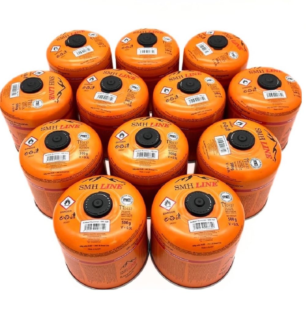 SMH LINE Cartouche à vis butane 12 x 500 g filetage universel 7/16 cartouches de gaz Cartouche de valve EN 417 filetage Brûleur à fil Propane Mélange de cuisine de camping, cuisinière à gaz, chauffage