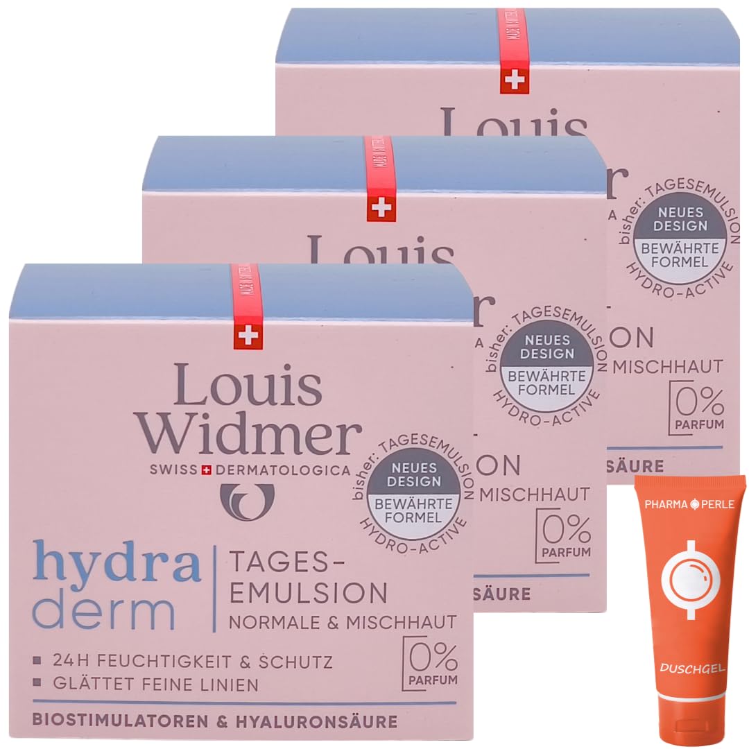 Louis Widmer hydraderm Tagesemulsion unparfümiert 3x 50 ml I für normale & Mischhaut I Anti-Ageing Tagespflege I intensive Feuchtigkeit I Hyaluronsäure I Spar-Set plus Pharma Perle give-away