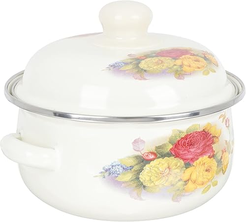 DOITOOL Olla de cocina de cerámica pequeña olla esmaltada de esmalte con tapa, esmalte en acero redondo cubierto olla de sopa binaural olla de sopa