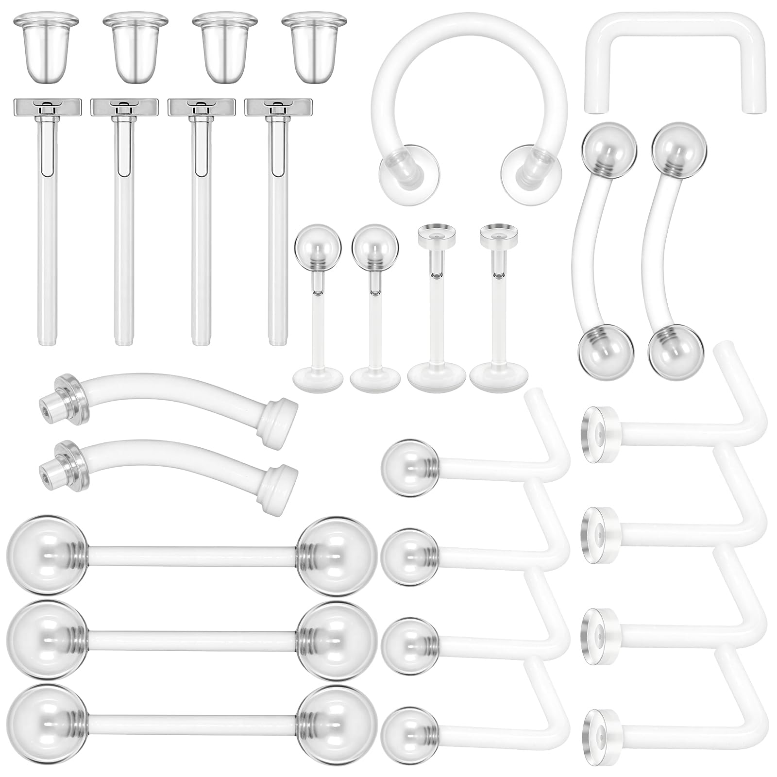 Lusofie Zestaw 29 przezroczystych kolczyków do nosa, warg, chrząstki, brzucha, tragusa, 16 g (1,2 mm) i 14 g (1,6 mm), Akryl