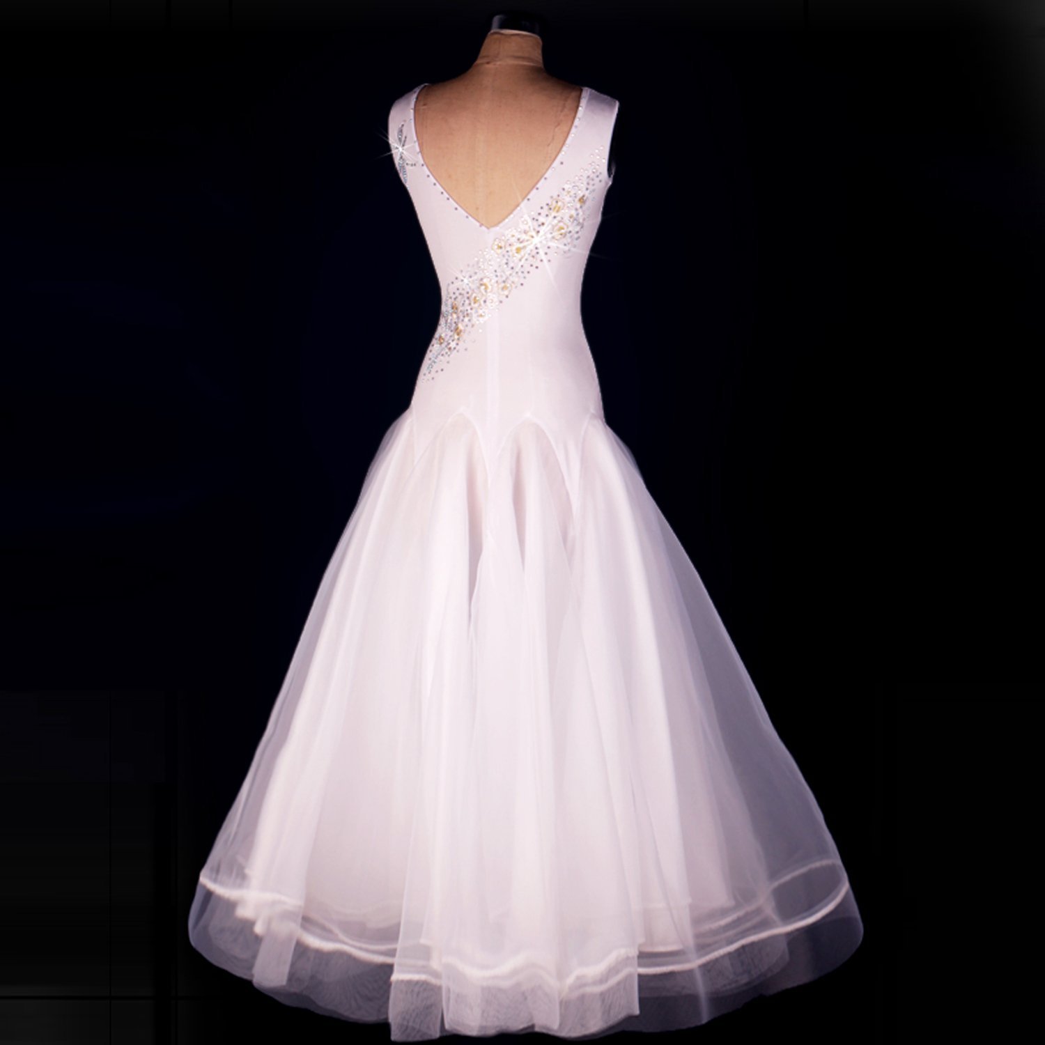 Yc bene donne danza moderna standard da ballo concorrenza abiti danza strass, collo a V bianco costumi espansione gonna per donne Tango Valzer abiti White Medium