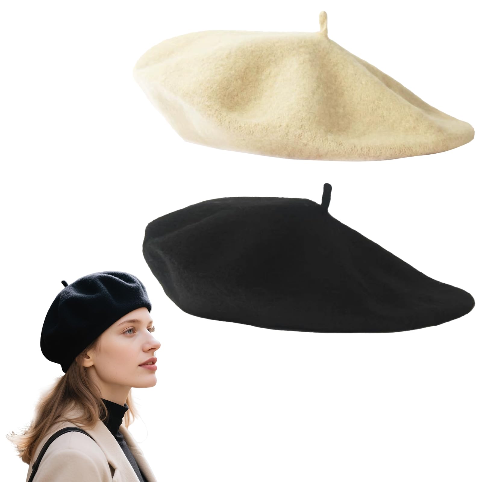 Puerfoca Women's Multicolour Adult Wool Beret Hat, 2 Pcs Autumn And Winter England Retro Hundred With Autumn Painter Octagonal Beret, Vintage French Winter Autumn Hat (Beige, Black)