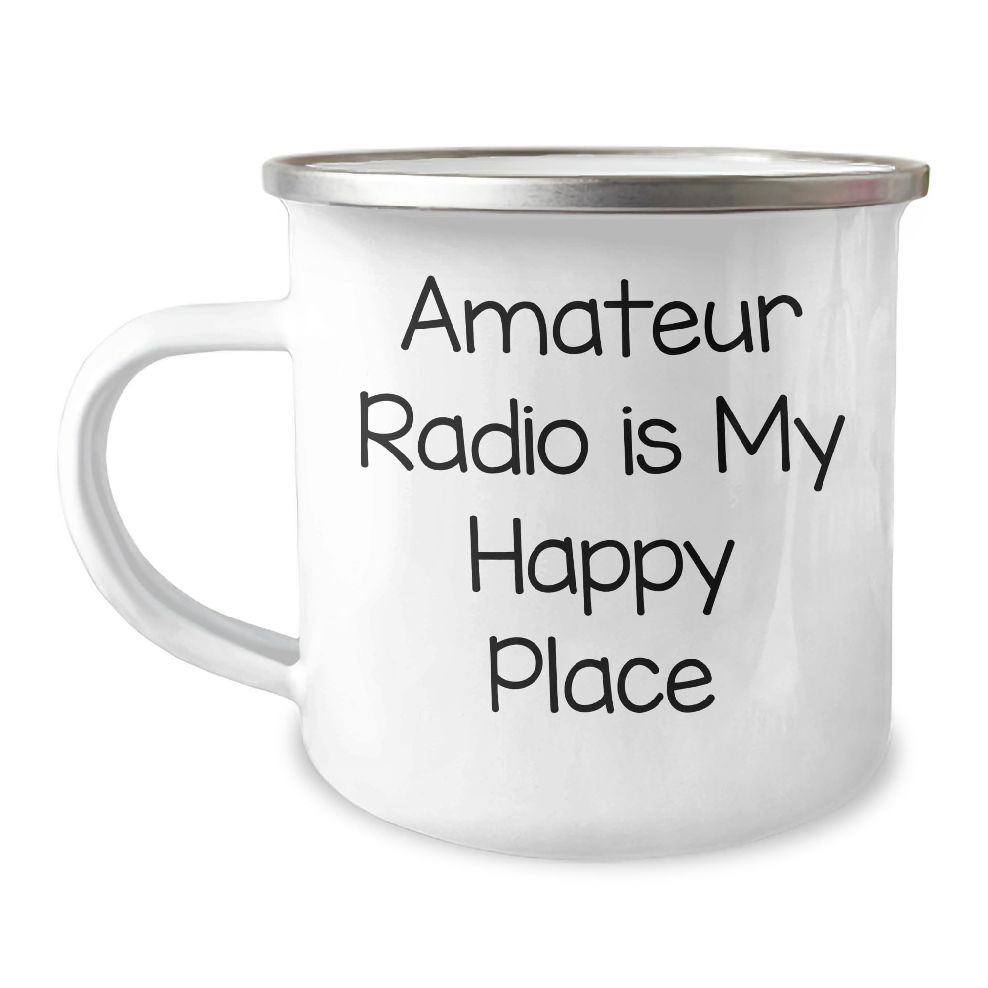 Generic Amateur Radio Gifts for Father's Day: Enamel Camping Mug with ‘Amateur Radio Is My Happy Place’ Encouragement Quote (12 oz), White
