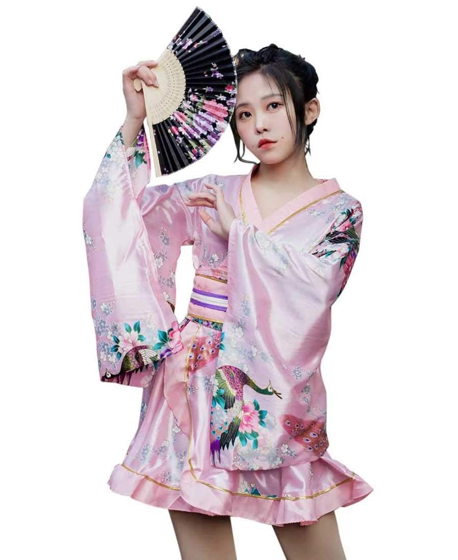 ピンクワンショルダー着物ドレス和柄花魁コスプレ衣裳蝶々花柄 和柄着物ドレス ワンショルダー 衣装 ダンス よさこい 花魁