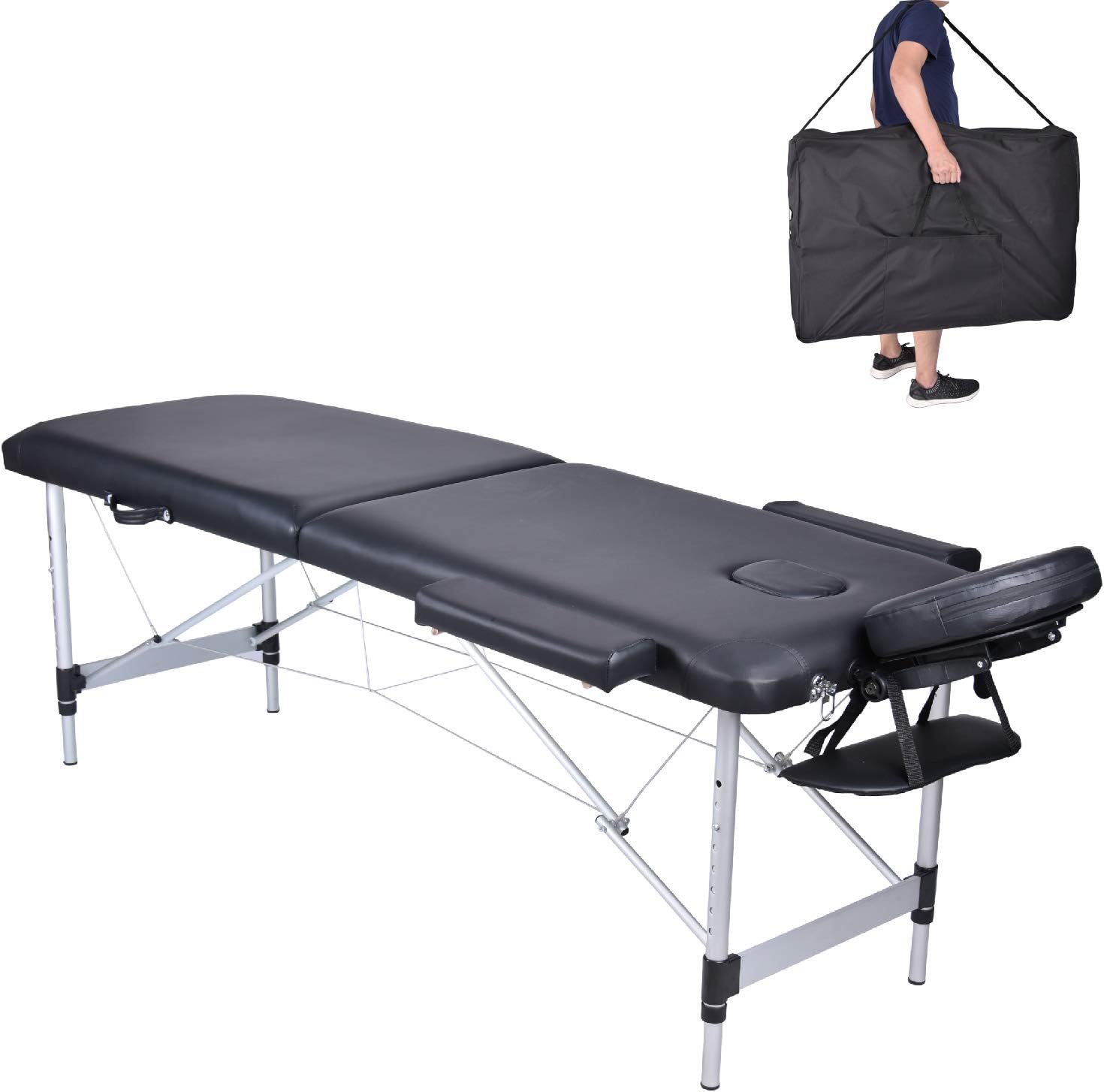 MC Star Folding 2 Section Aluminium Massage Table Portable Height Adjustable Professional Lightweight Massage Bed Beauty Treatment Couch Free Armrest Headrest Carrying Bag（Black）