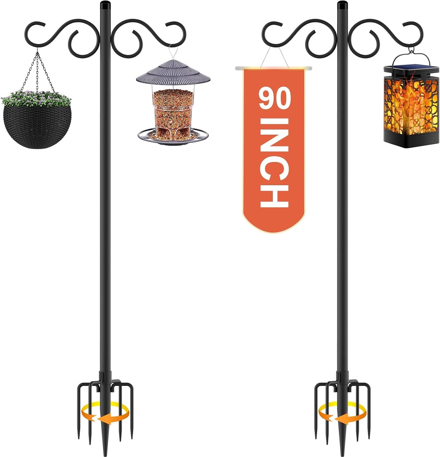 RCUICA Lot de 2 crochets doubles de berger pour l'extérieur, 228,6 cm avec base à 5 griffes, crochet de berger robuste, adapté pour le jardin dans un panier de fleurs, une lanterne, un nid d'oiseaux