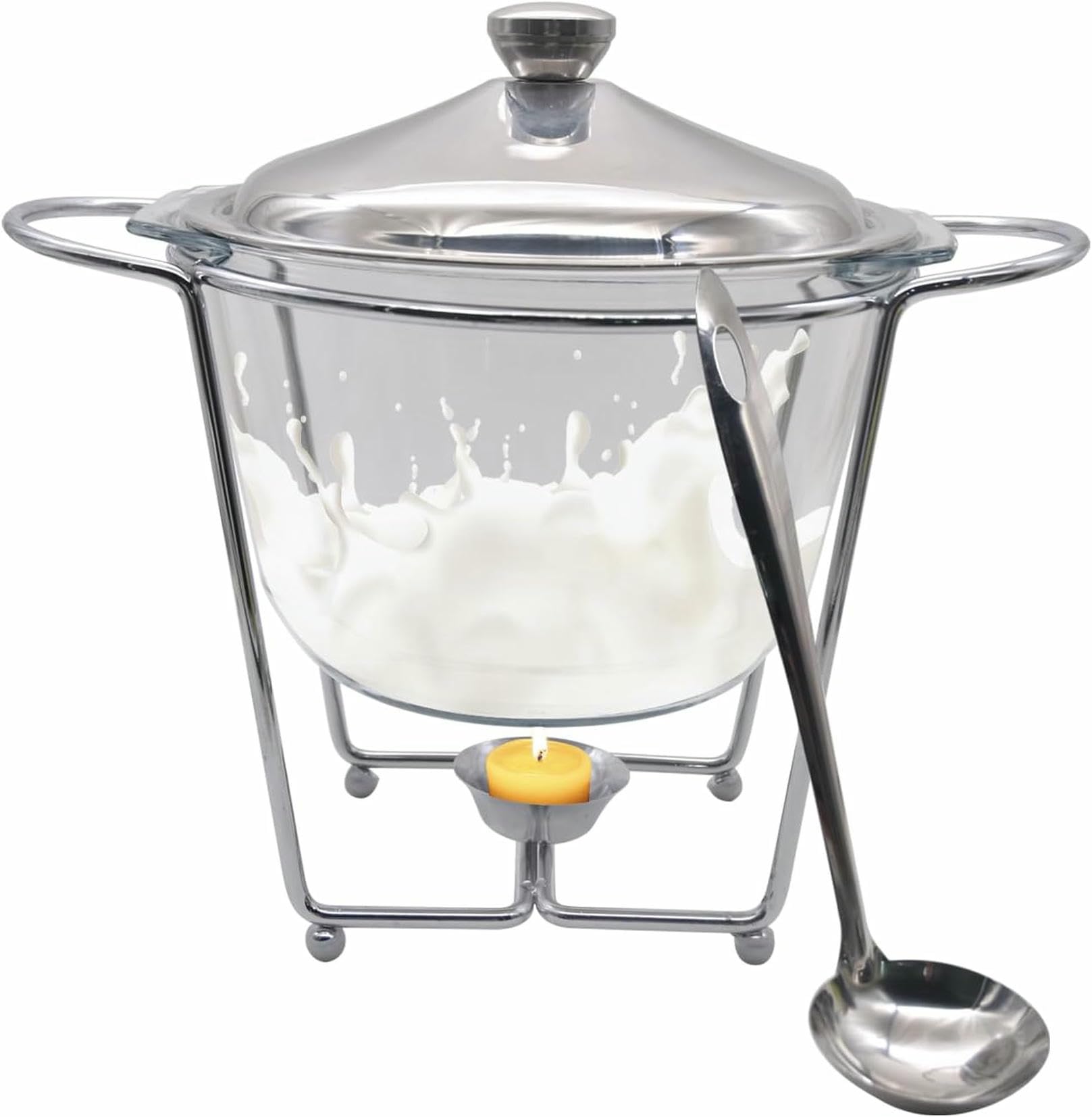 Buffet de plats à réchaud en verre de 4,3L avec couvercle et louche inox pour soupes et dîners