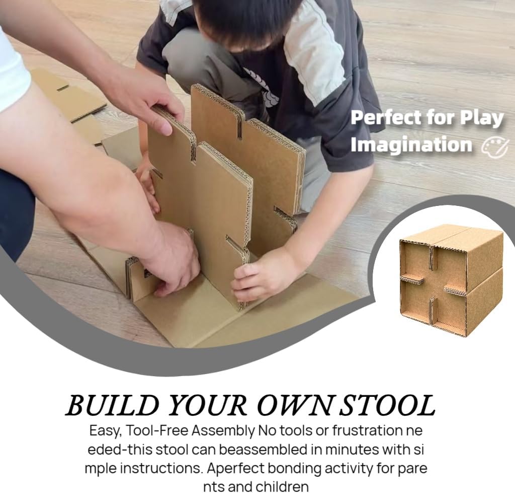 Brown Cardboard Stool - DIY Decoratable Cube Seat, Lightweight & Sturdy, Tool-Free Assembly, 9.8 Inch Compact Stool for Home Office Outdoor