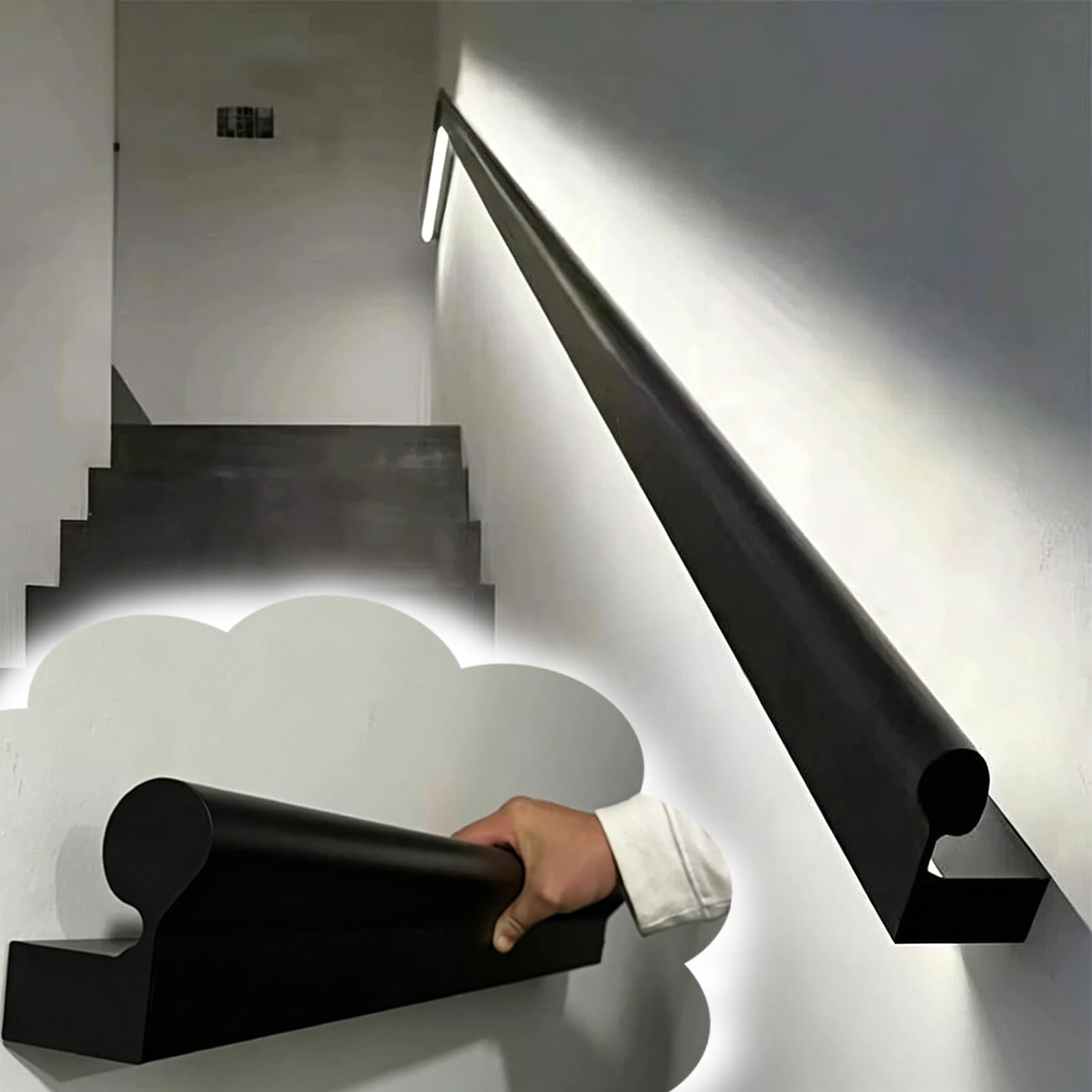 Jievmrs Black Stairs Hand Rails with Motion Sensor Device, Decoration & Lighting Led Light Handrails for Villa, 3 4 5 6 8 10 15 20 ft Stair Railing Wall Mount(Right,10ft/305cm)