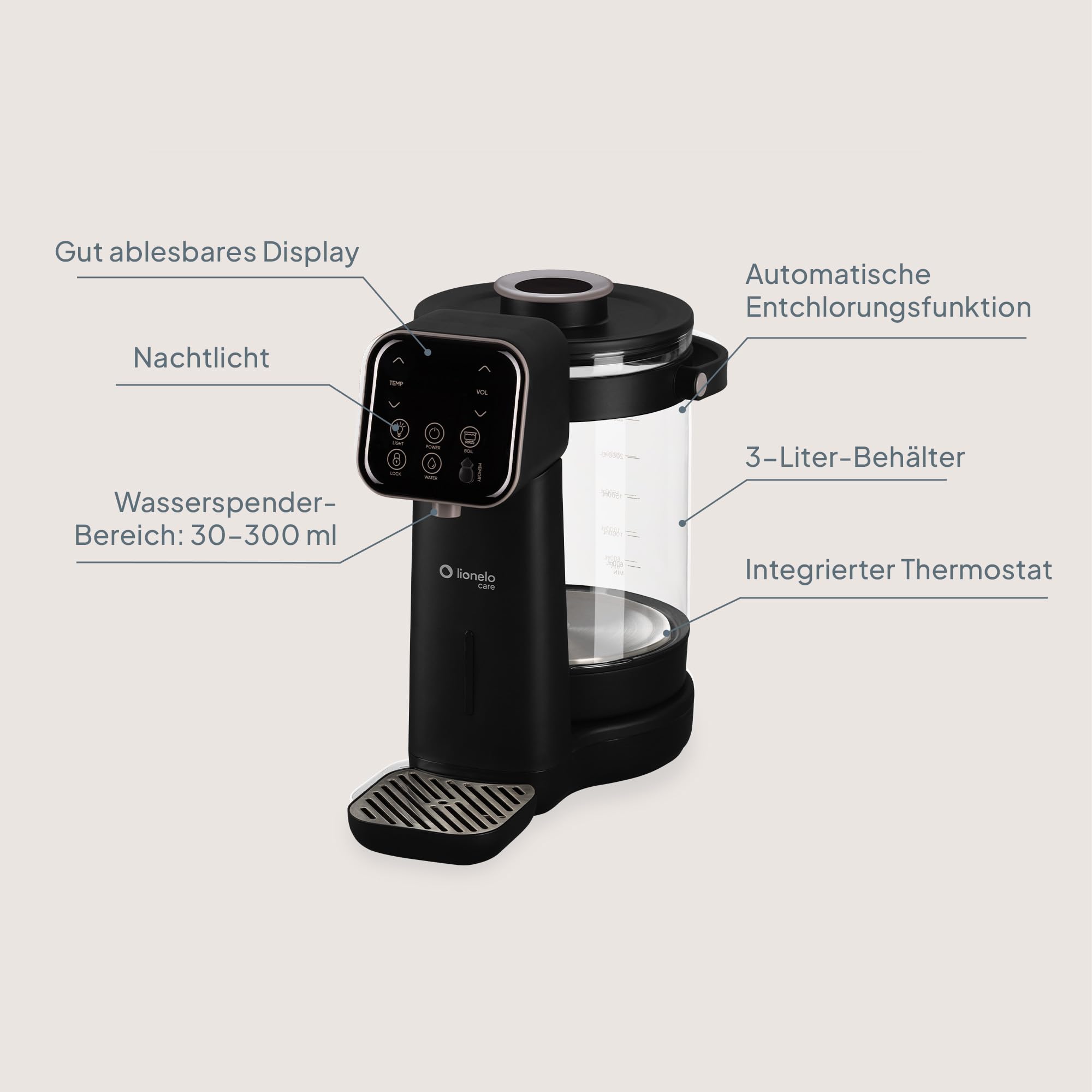 Lionelo Babypresto 2.0 Fläschchenzubereiter, Milchzubereiter Baby und Flaschenwärmer Baby mit 40-100 °C, UV-Hygiene, Dechlorierung, 30-300 ml Dosierung, 3 L Glasbehälter, LED-Display, Touch-Sperre