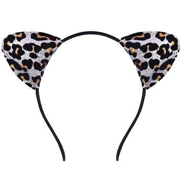 QDTK Halloween Cheetah Cat Ears Headbands Glitter Silver Leopard Cat Ear Hair Bands Animal Ear Headpiece Leopard Print Hair Accessories for Halloween Party Supplies