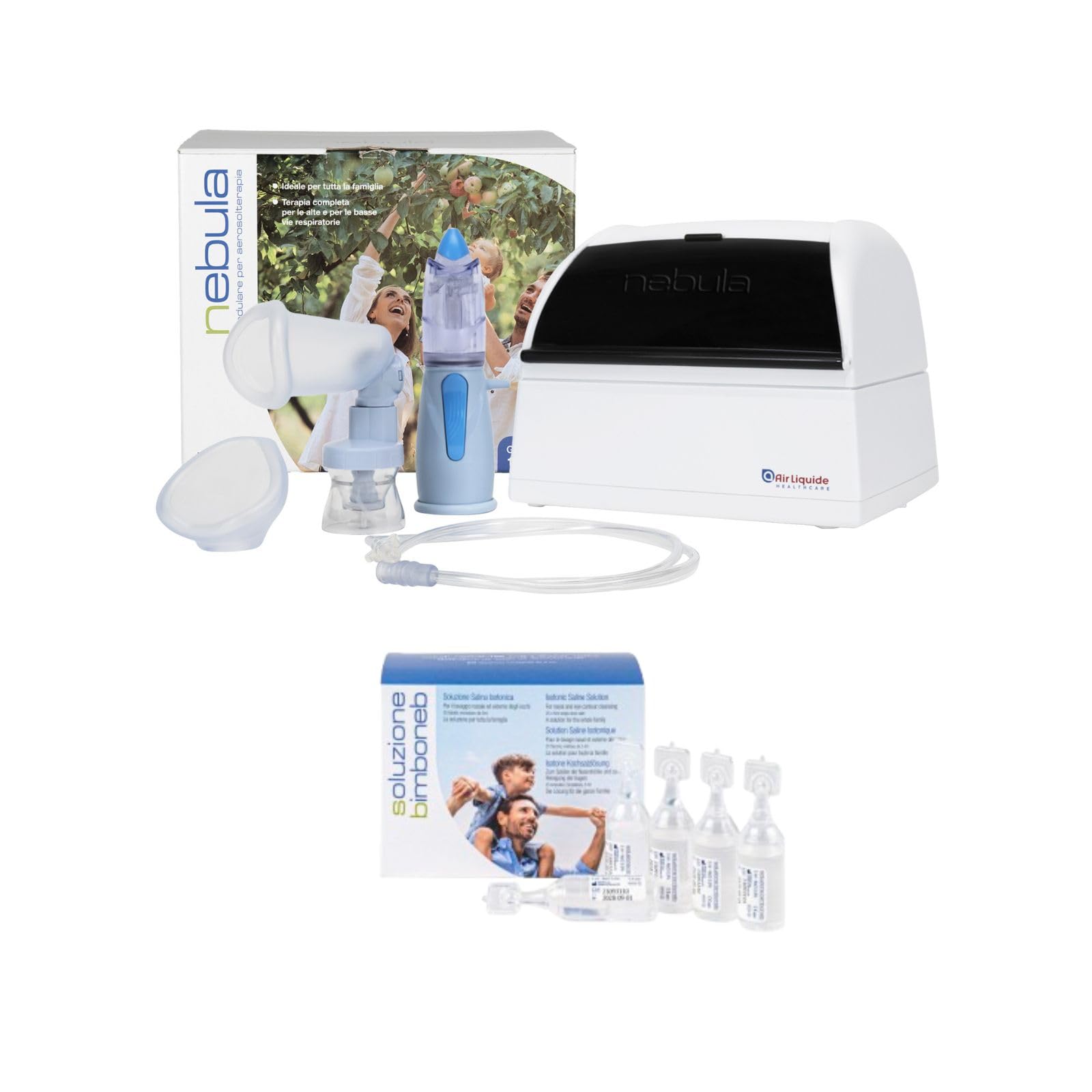 Air Liquide Healthcare, NEBULA + Soluzione Isotonica BIMBONEB, Sistema per Aerosolterapia, Dotato di RINOWASH, NEBULA SPACER e Maschera Pediatrica, Confezione da 25 Flaconcini Monodose da 5 ml