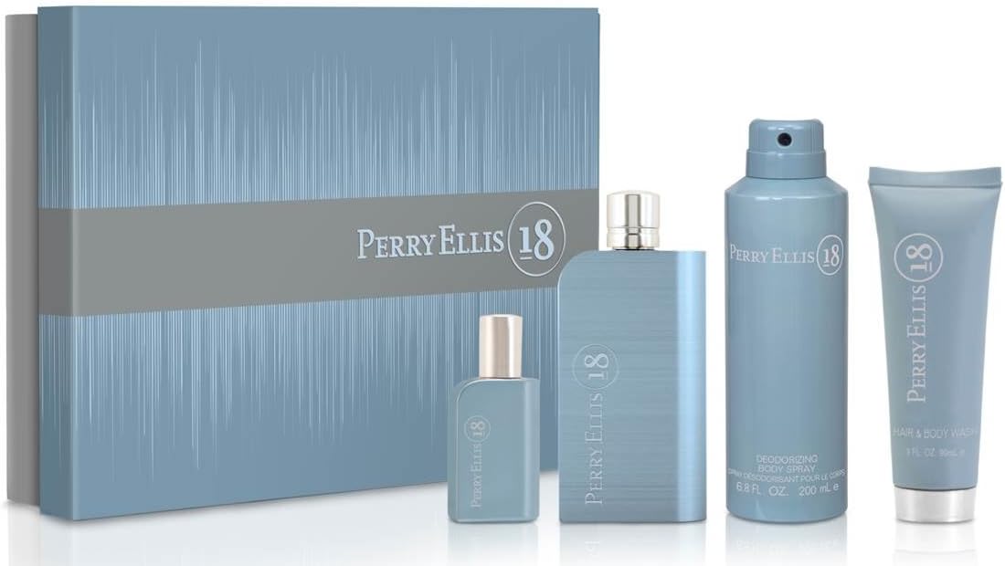 18 by Perry Ellis for Men - 4 Pc Gift Set 3.4oz EDT Spray, 7.5ml EDT Spray, 6.8oz Body Spray, 3oz Hair and Body Wash, I0098878