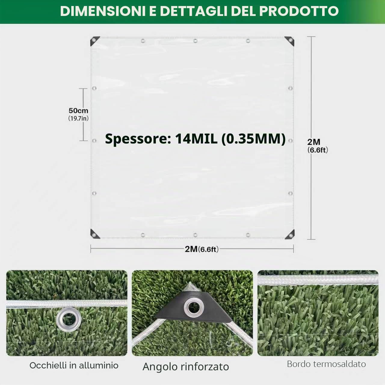 Dulepax Telo impermeabile trasparente resistente 450 g/m Telo in PVC con occhielli Antivento Resistente agli strappi per giardino, gazebo, recinzioni da patio (2x2m)