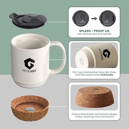 Miniatura 5 de NeoLame - Taza de café de cerámica con fondo de corcho y a prueba de derrames, taza de café reutilizable para el hogar o el trabajo, conservación