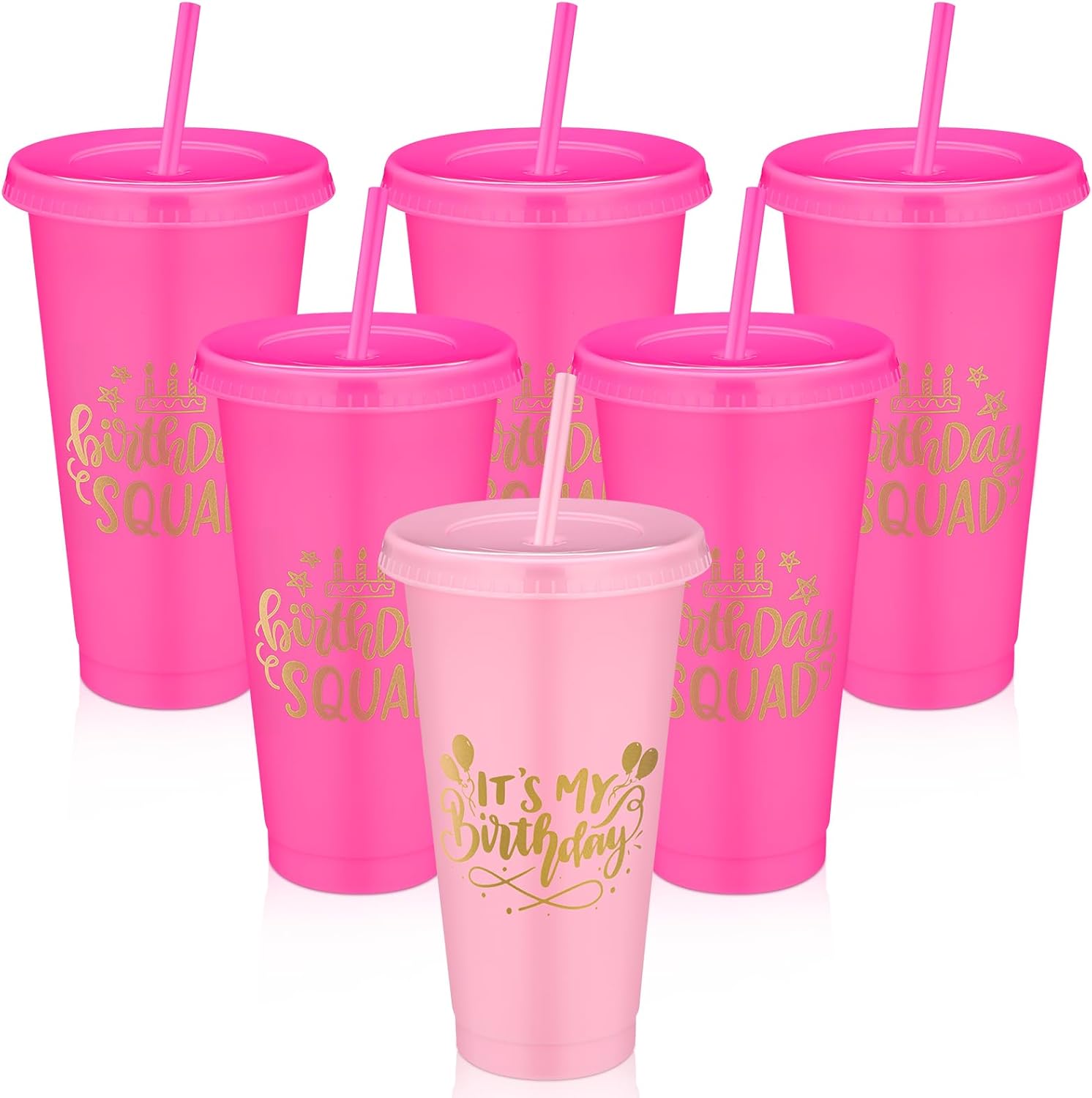 Jingmore Birthday Party Tumblers 24 oz Squad Plastic Tumblers with Lid and Straw for 20th 30th 40th 50th 60th Birthday Decorations Favor for Women Adults(Pink, Rose Red,6 Pcs)