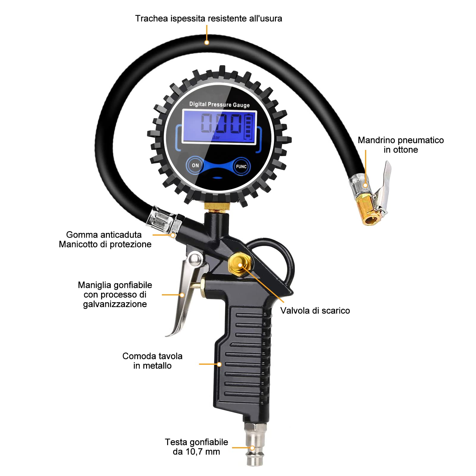 Anykuu 3 in 1 Manometro Pressione Gomme 220PSI Digitale con Display LCD e 4 Unità di Misura Alta Precisione per Auto Moto Biciclette SUV Camion