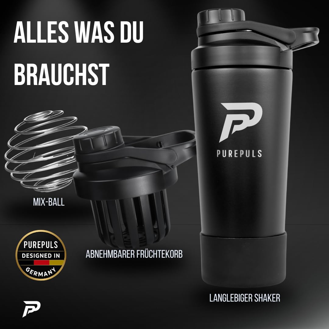 Protein Shaker Edelstahl 750 ml Schwarz — Doppelwandig Isoliert, Auslaufsicher mit Schraubverschluss, Mix-Ball inklusive & Frucht-Infuser, 304 Edelstahl, BPA-frei, Spülmaschinenfest (45°)