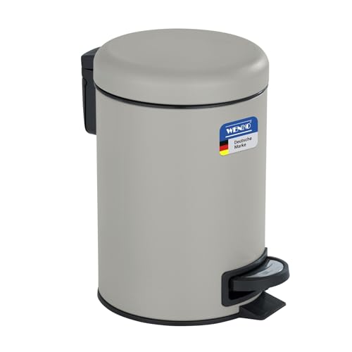 WENKO Kosmetikeimer 3 Liter, Stahl, herausnehmbarer Inneneimer mit Müllbeutelhalter, Mülleimer fürs Bad mit Deckel und Tretfunktion, ausklappbarer Tragegriff, Taupe matt, Mod. Leman