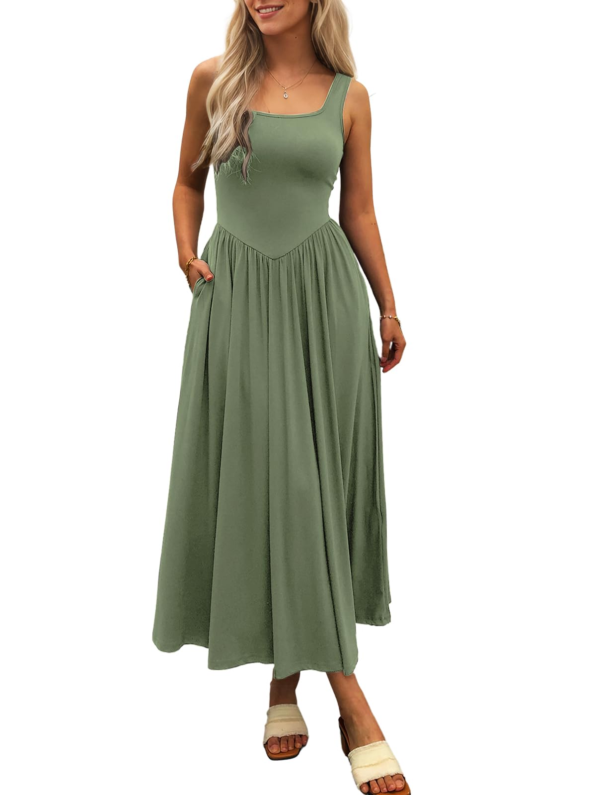 Women's Summer Maxi Dress 2026 - Sleeveless Square Neck Casual Beach Sundress with Pockets, Flowy Patchwork Knit