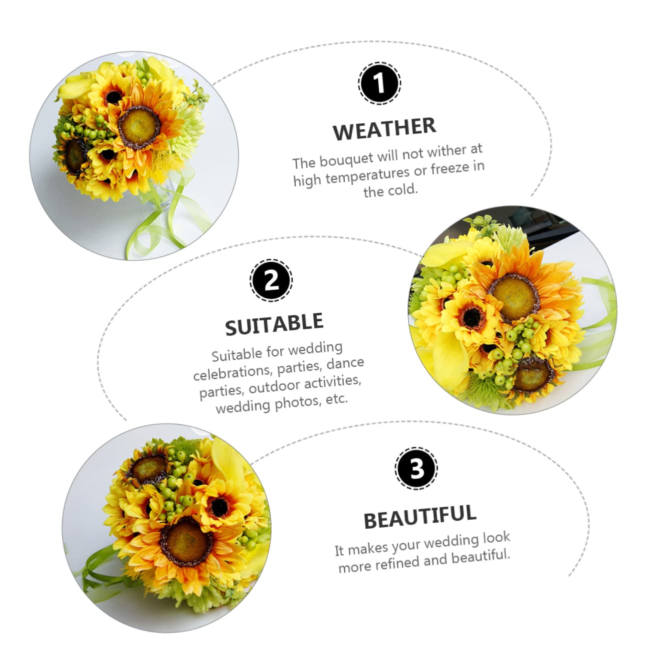 MAGICLULU Künstlicher Brautstrauß mit Sonnenblume, Hochzeitsdeko Requisite | Spinnseide und Pu, Wetterfest für Hitze und Kälte, für Outdoor Aktionen und Tanzveranstaltungen
