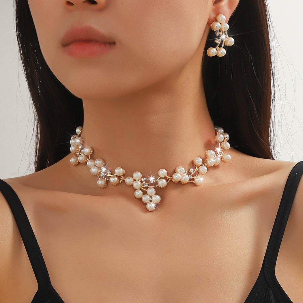 Gangel Pearl Necklace and Earring Set Faux Pearl Necklaces Choker Bridal Jewelry Sets for Wedding Gold - Image 2
