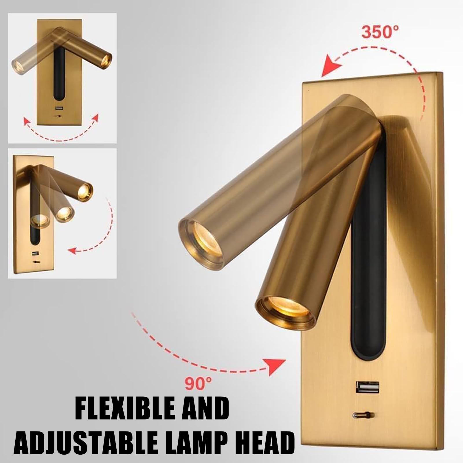 Aplique De Pared De Cama Moderno Integrado Ajustable Con Puerto Usb De 5v 2.1a, Luz De Lectura Led Montada En La Pared LáMpara De Lectura De Cabecera Blanca CáLida 3000k,Chrome-USB+type-c