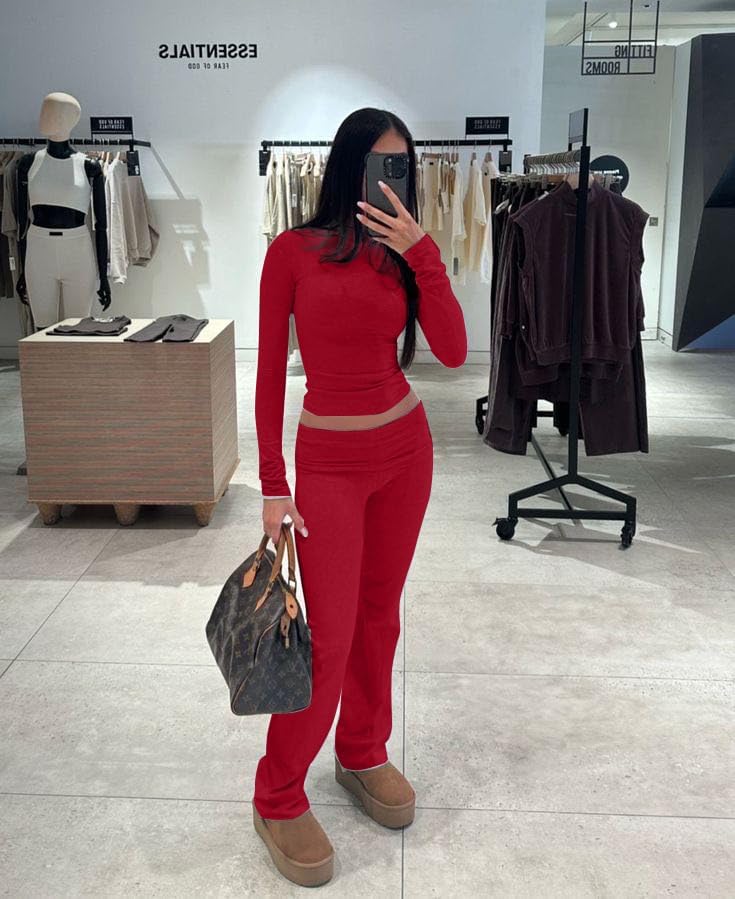 AYWA Women's 2 Piece Outfits Foldover Flare Pants Long Sleeve Crew Neck T-shirt Fitted Pajama Sets - Image 2