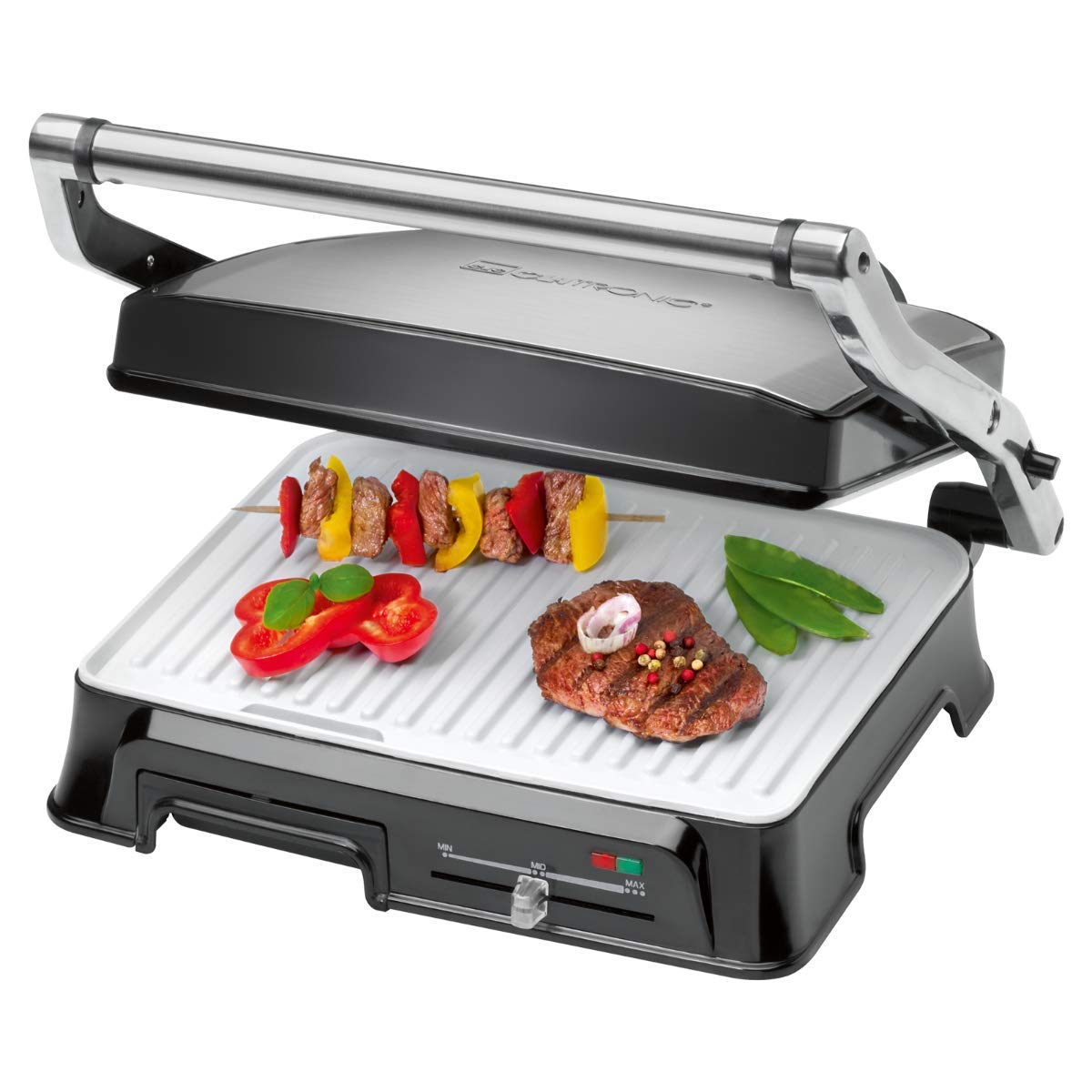 Clatronic KG 3571 grill kontaktowy do dwustronnego grillowania, 2000 W, obudowa ze stali nierdzewnej, krótkie czasy gotowania, rynna odpływowa tłuszczowa i tacka zbierająca, kolor srebrny