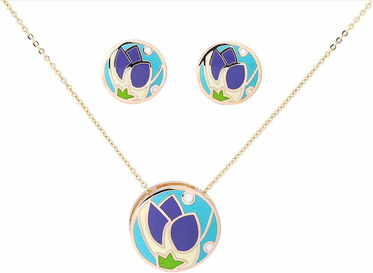 Banju 18K Gold-Plated Blue Lotus Enamel Circular Pendant Necklace + Earrings