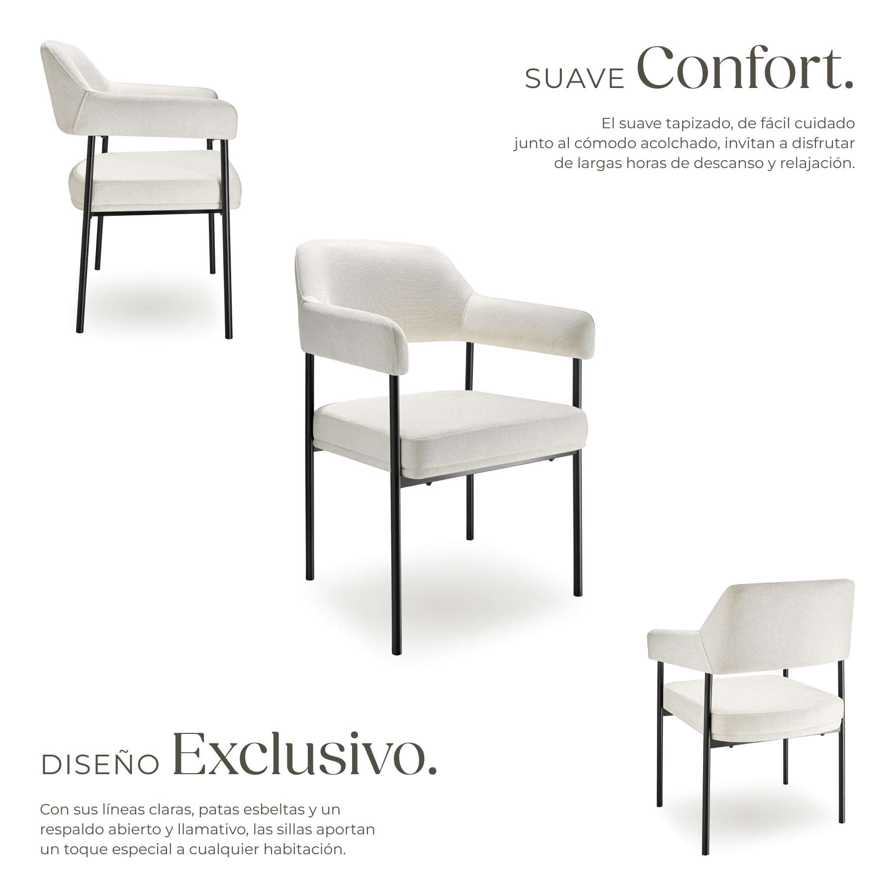 tectake® Silla de Comedor Acolchada, Tapizada en Tela, con Respaldo Continuo y Reposabrazos, Patas de Acero Estables, Silla para Cocina, Salón, Dormitorio - 2 sillas Tejido Blanco Roto/Negro