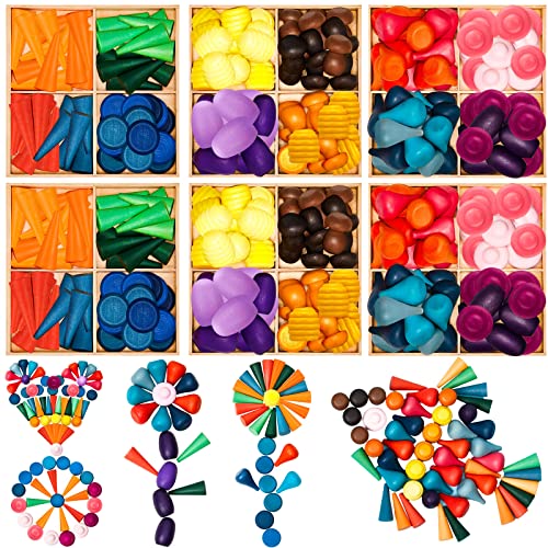 Chivao Loose Parts Play Materials Set Wooden Mandala Toys Kit Wood Sensory Play Toys 27 Rainbow Color 7 Shapes Loose Parts for Teens Students Early Learning Materials (81)
