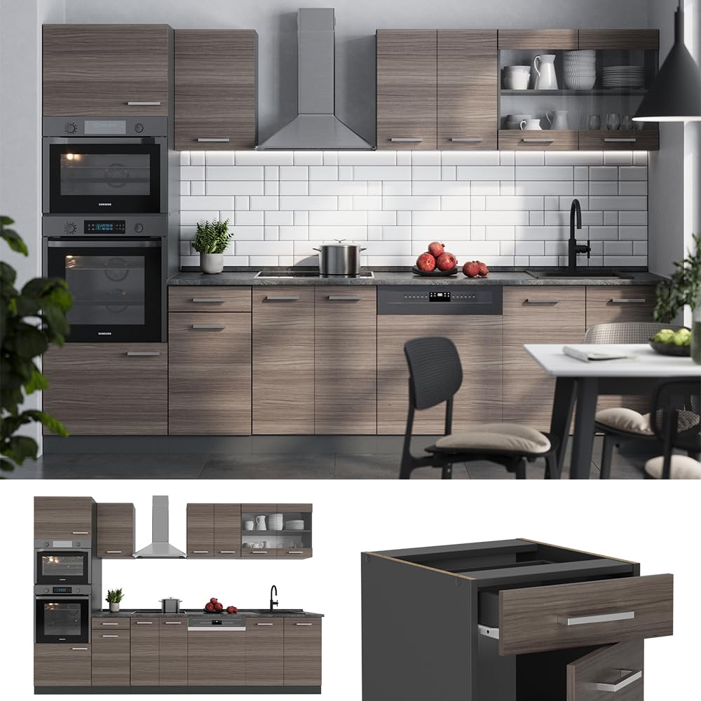 Vicco Cucina componibile R-Line, Grigio nobile, 300 cm con armadio alto, PL Antracite, adatto per combinazioni ed espansioni personalizzate